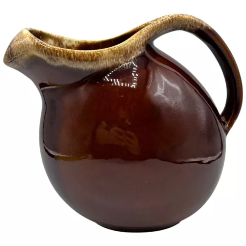 Large Hull Ceramic Brown Drip Glaze Ball Pitcher w/ Ice Lip Oven Proof USA 60oz