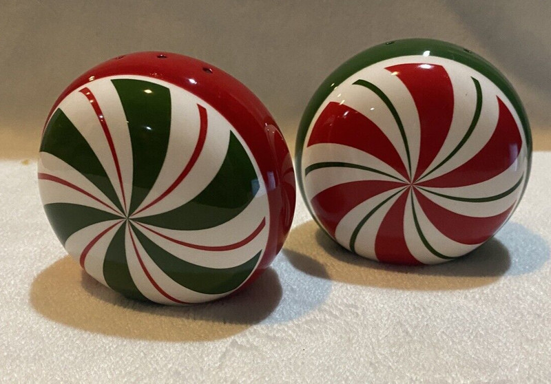 Pier 1  Peppermint Stipe Candy set of Salt & Pepper Shakers Red Green Christmas