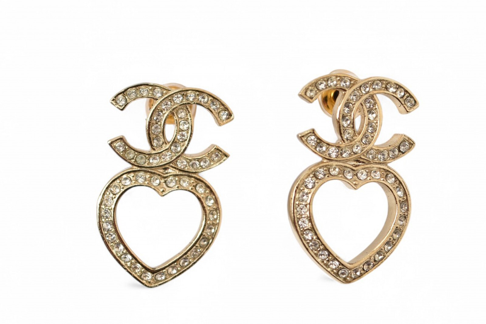 Chanel gold rhinestone CC heart motif pierced accessories