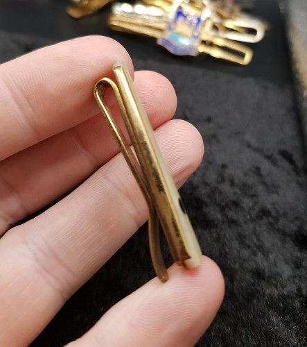 Vintage Gold Tone Mother Of Pearl Art Deco Style Design Tie Bar Clip. Short Size - Picture 2 of 8