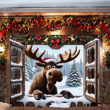 Funny Christmas Reindeer Festive Garage Door Cover Door Banner Holiday Backdrop