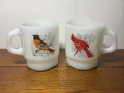 Vintage Lot Of 2 Fire King Anchor Hocking Cardinal Blue Jay Milk Glass Mug Cup🔥
