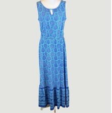 Talbots Dress Women's Medium Blue Paisley Medallion Knit Maxi Flounce Sleeveless