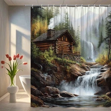 1PC Rustic Log Cabin by Waterfall in Forest Landscape Nature Lodge Bathroom