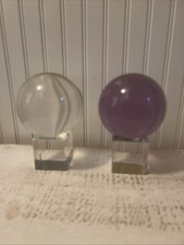 2 Glass Globes On Glass Cube 4" Ball Smooth Clear Paperweight Decoration Sphere