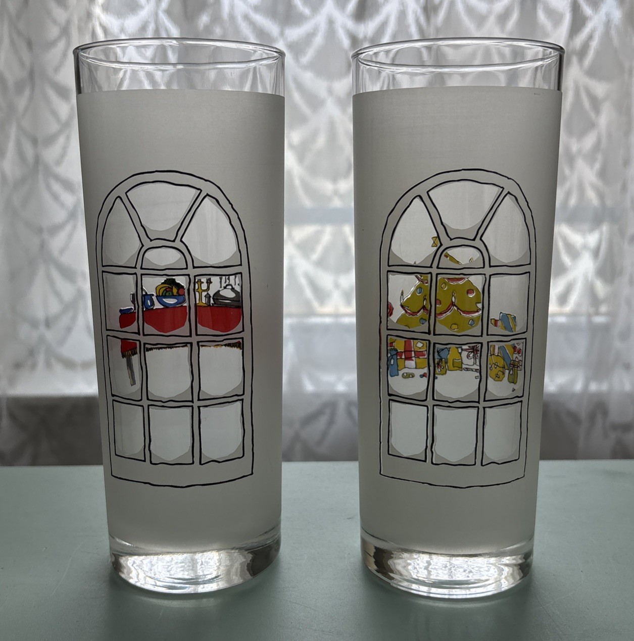 Frosted Christmas Peek-a-Boo Highball Glasses with Holiday Scenes  
