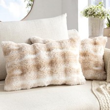 Faux Fur Pillow Covers Thick Soft Plush 20" x 12" Pack of 2 White-beige