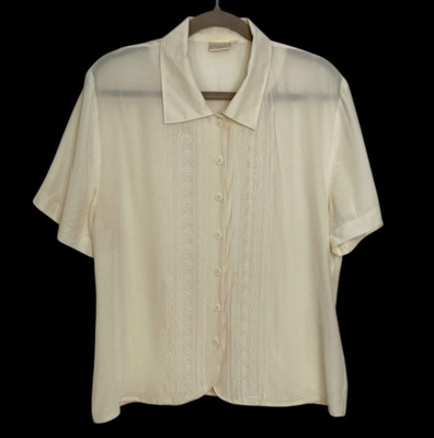 Martinelli Womens 100% Silk Cream Button Up Shirt Top L Embroided Career Granma