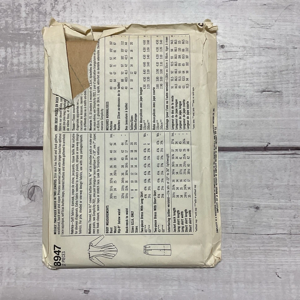 Simplicity 8947 Sewing Pattern Peplum Jacket Straight Skirt Miss Size 8 UNCUT - Image 3 of 4