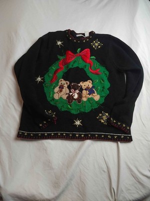 Vtg 90s BP Design Bears Wreath Sweater Womens M Black Festive Grandmacore Kitsch
