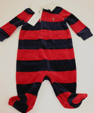 NEW RALPH LAUREN Size 0-3 Months Unisex Rugby One Piece Navy Red Striped Velour
