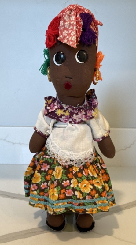 Handmade Rag & Cloth Girl Doll 10” Dark Complexion Black Eyes Floral Dress