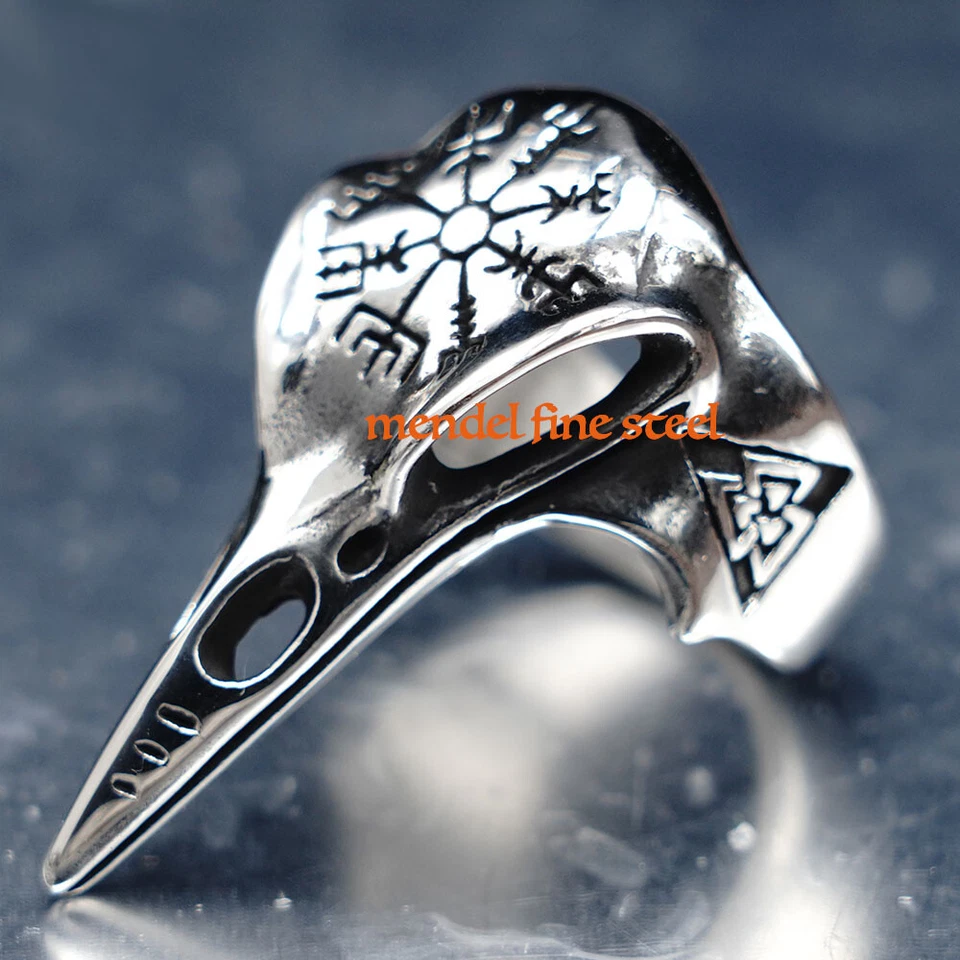 MENDEL Mens Nordic Viking Raven Skull Vegvisir Ring Stainless Steel Size 7 8-15 - Image 2 of 4