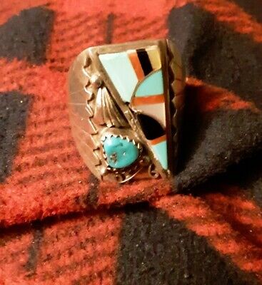 Dazzling Navajo Native American Coral Inlay Sterling Silver Ring Dazzling Navajo Native American Coral Inlay Sterling Silver Ring