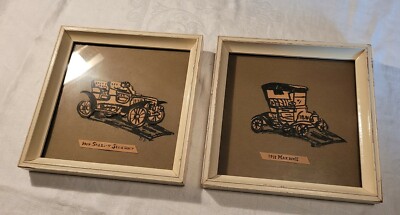 Set Of 2 Vintage Antique Automobile Drawings LEB 1953 Stanley Steamer Maxwell 