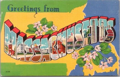 MASSACHUSETTS Large Letter Postcard State Map Outline / Colourpicture Linen