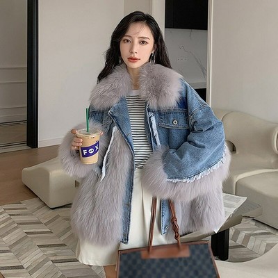 Women Fox Fur Denim Jacket Lady Fashion 
