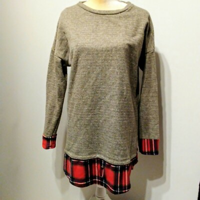 Eloges Gray Drop Shoulders Red Plaid Trim On Cuffs And Hem Sweatshirt Size M
