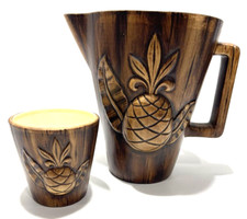 Vintage 1961 Treasure Craft Pineapple Ceramic Pitcher & 1  Cup Tiki Bar Hawaii