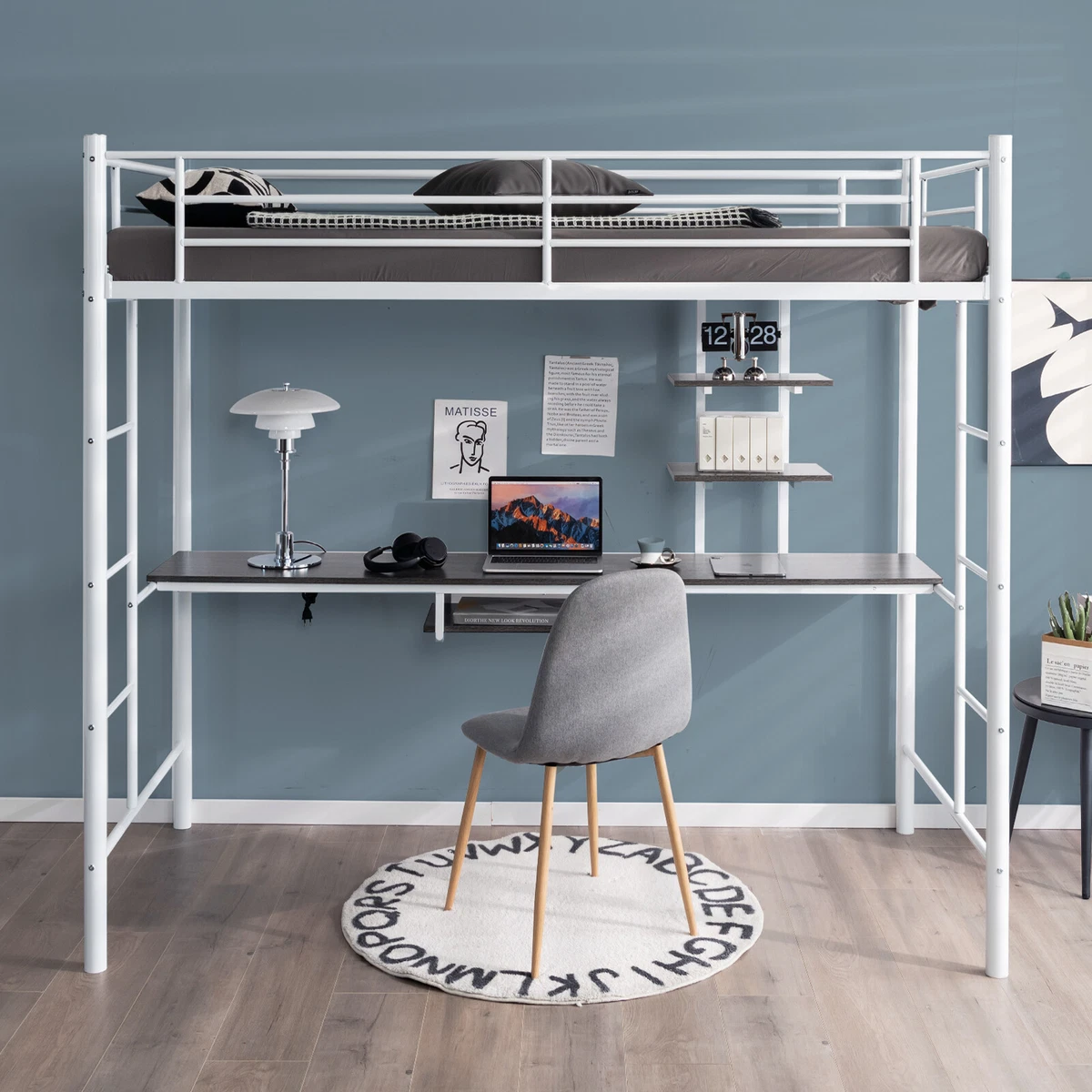 3.5FT Single Metal Loft Bed Frame High Sleeper Bunk Bed W Desk