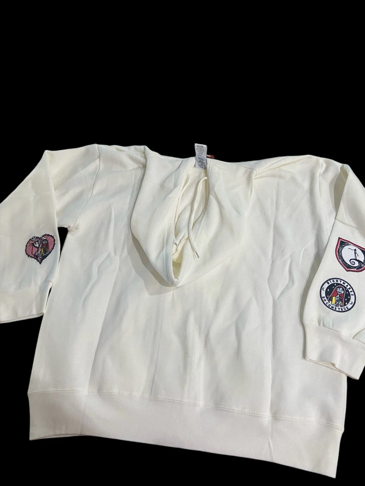 OFF WHITE FELPA CON CAPPUCCIO ZIP NUOVA CON ETICHETTE XL NIGHTMARE BEFORE CHRISTMAS JACK SKELLINGTON DISNEY con TOPPE