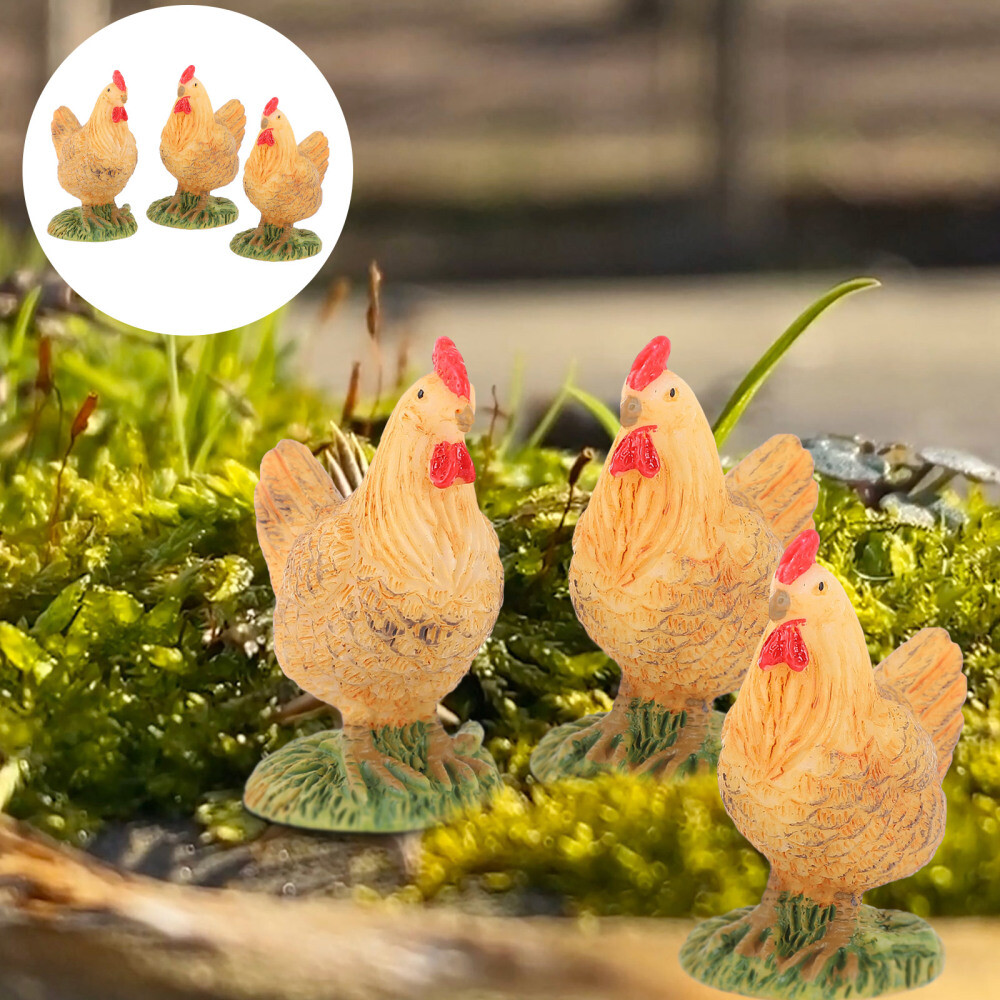 3 Lifelike Chicken Figurines for Kitchen Decor or Micro Scenes