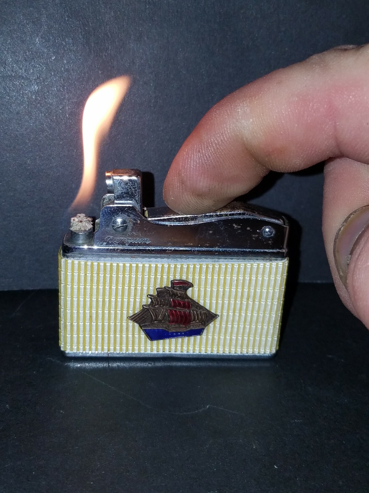 Unique Vintage Penguin Petrol Lighter With Enamel Clipper Ship Emblem ~ Working