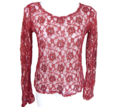 Charlotte Russe Women's Medium Top Vtg Y2K Red Lace Beaded Sheer Fairy Grunge