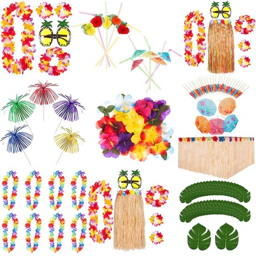 TROPICAL HAWAIIAN PARTY DECORATION LUAU BEACH BBQ DECOR HULA SKIRT COCKTAIL LEI  - Afbeelding 1 van 16