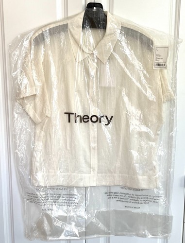 NUEVO CON ETIQUETAS Theory Talla Grande Marfil Multi Dobby Manga Corta Recortado Botón Delantero Top $245 - Imagen 6 de 6