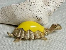 Gold Tone Turtle Pin / Brooch with Bright Yellow Enamel Shell - Vintage - 2"