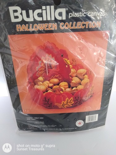 Vintage Bucilla Turkey Plastic Canvas Treat Dish Halloween Fall Collection