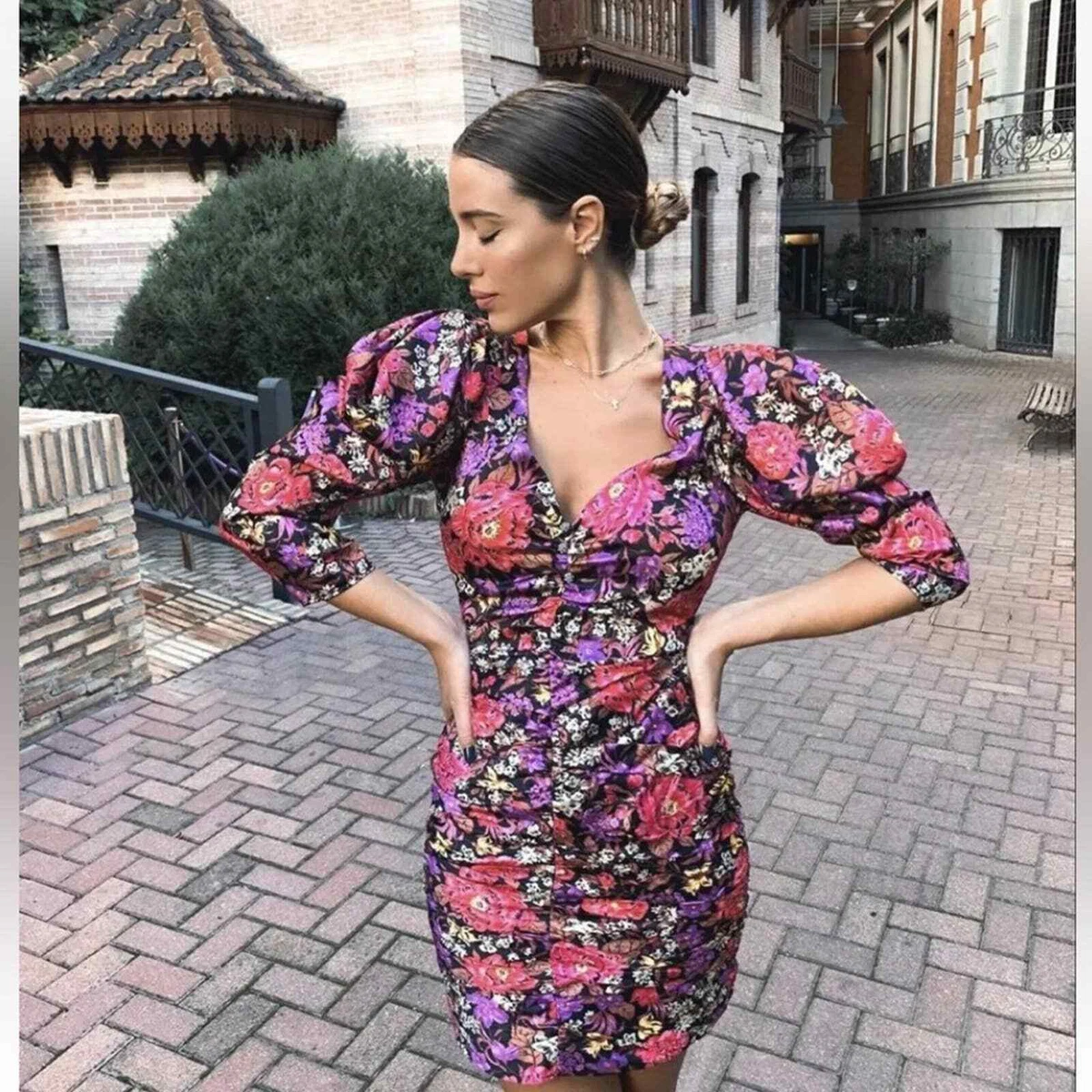New Zara Satin Floral Puff Sleeve V Neck Bloggers Favorite Mini
