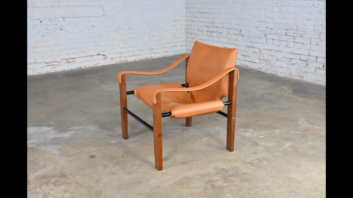 1960's MCM Chelsea Arkana Safari Chair Maurice Burke Cognac Faux