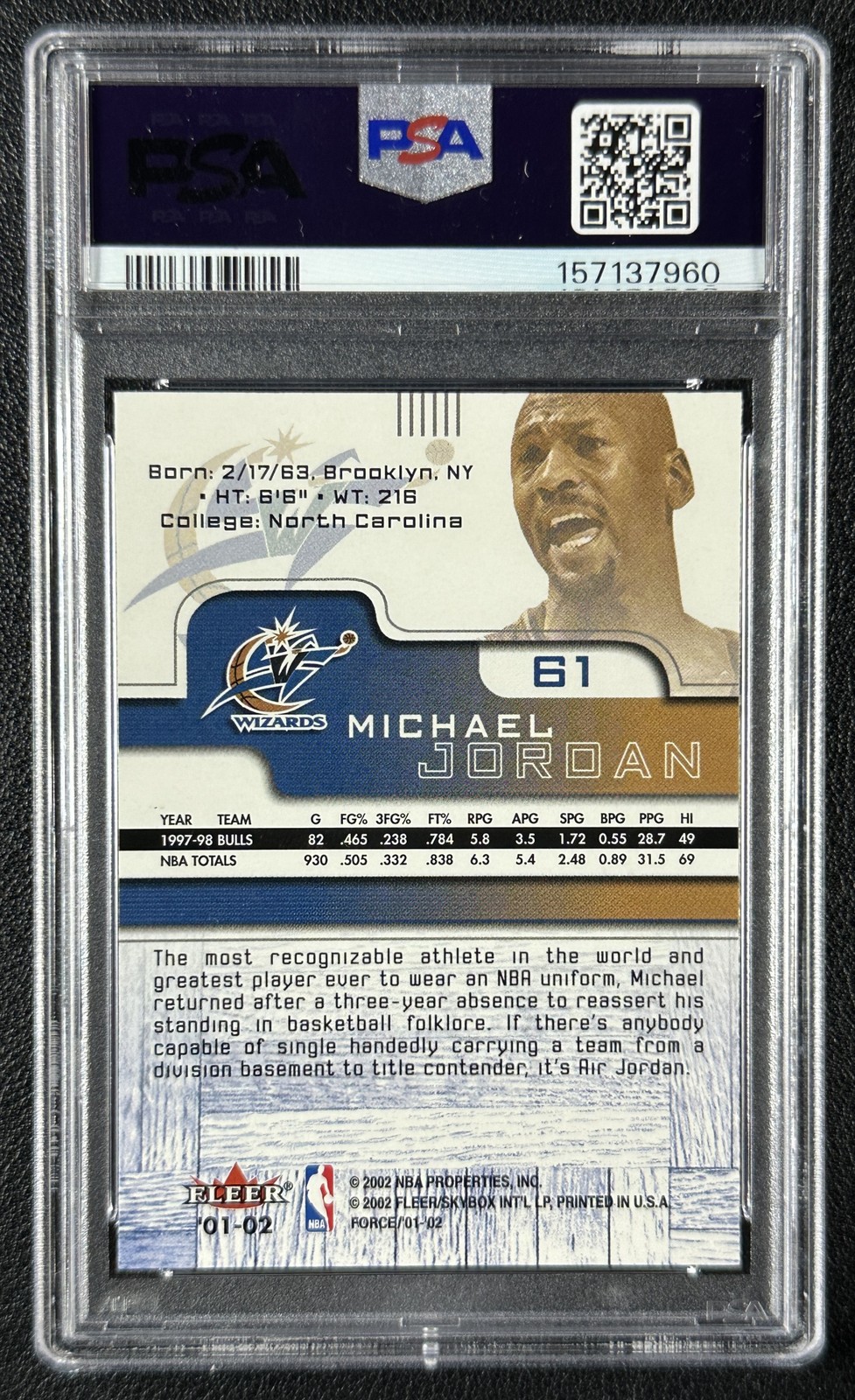 MICHAEL JORDAN PSA 9 2001-02 FLEER FORCE BASKETBALL #61 WIZARDS 7960 view 2