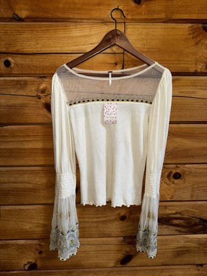 Free People Embroidered Top NWT Bliss Home High Tides Top Ivory