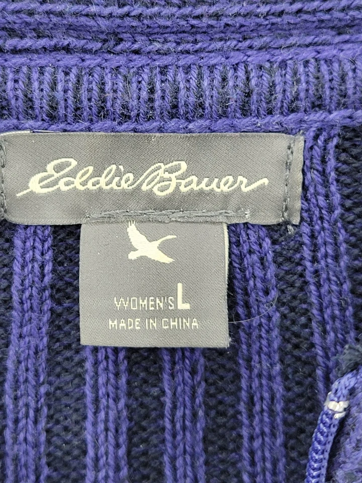 Eddie Bauer Cardigan Sweater Womens Large Blue Black Stripe Hooded Zip Up Chunky - Image 3 of 4