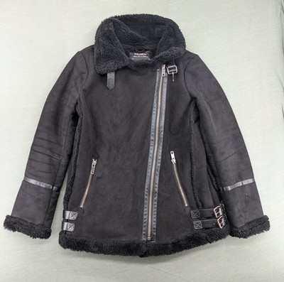 Pull & Bear Womens Biker Jacket M Black Faux Fur Lined Aviator Moto Coat