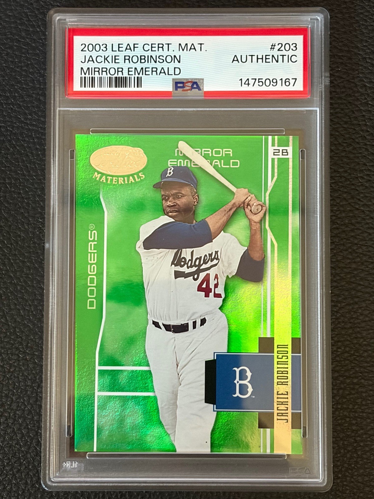 Jackie Robinson 2003 Leaf Certified Materials Mirror Emerald 5/5 PSA Authentic view 3