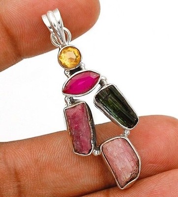 Natürlicher Rubellit Turmalin & Multi Edelstein 925 Silber Anhänger Schmuck @B10-2