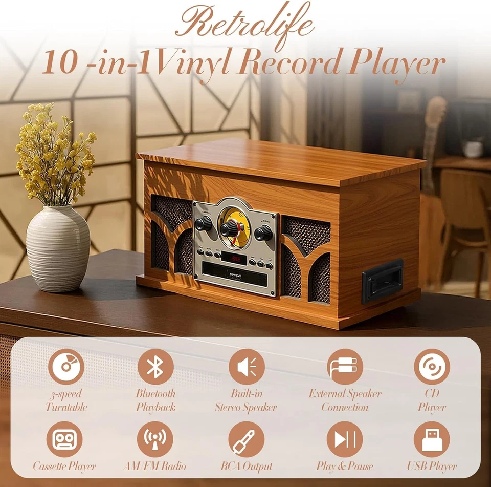 10-in-1 Record Player with Built-in Speakers Wireless Playback, CD & Cassette*US - Image 2 of 4