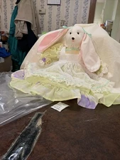 Bunny Rabbit Flop Ears Handmade Folk Art Primitive 18" dress, apron +pantaloons