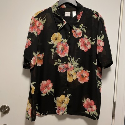 Emma James Liz Claiborne Women's 1X Short Sleeve Black Floral Blouse