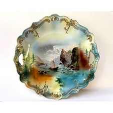 RS Prussia Scenic Landscape Porcelain Plate with Gilt Rim and Handles RS Prussia Scenic Landscape Porcelain Plate with Gilt Rim and Handles - Image 1