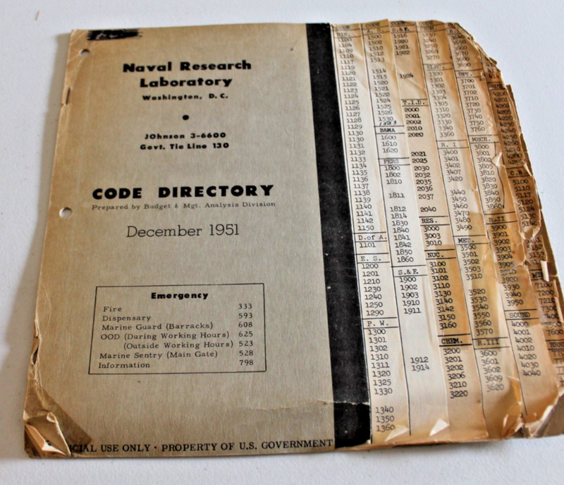 RARE Naval Research Laboratory Code Directory – Washington DC - December 1951