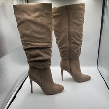 Ruched Faux Suede Knee High Slouched Boots Tan Beige Stiletto High Heel SZ 8.5