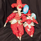 2 Fabric Jester Clown Dolls Red & White Costume Mask Set