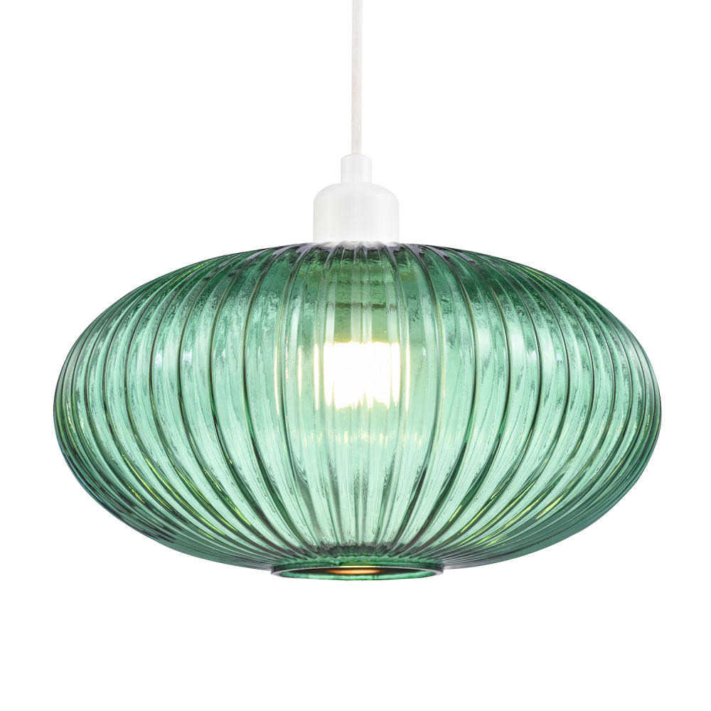 Modern Designer Emerald Forest Green Line Ribbed Glass Oval Pendant Lamp Shad...