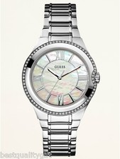 NEW GUESS POLISHED SILVER TONE+WHITE  MOP DIAL+CRYSTALS+ROMAN #'S WATCH-U12650L1