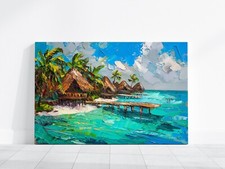 Bora Bora Oil Painting, Bora Bora Beach Landscape, Palm Trees Tiki Hut Wall Art